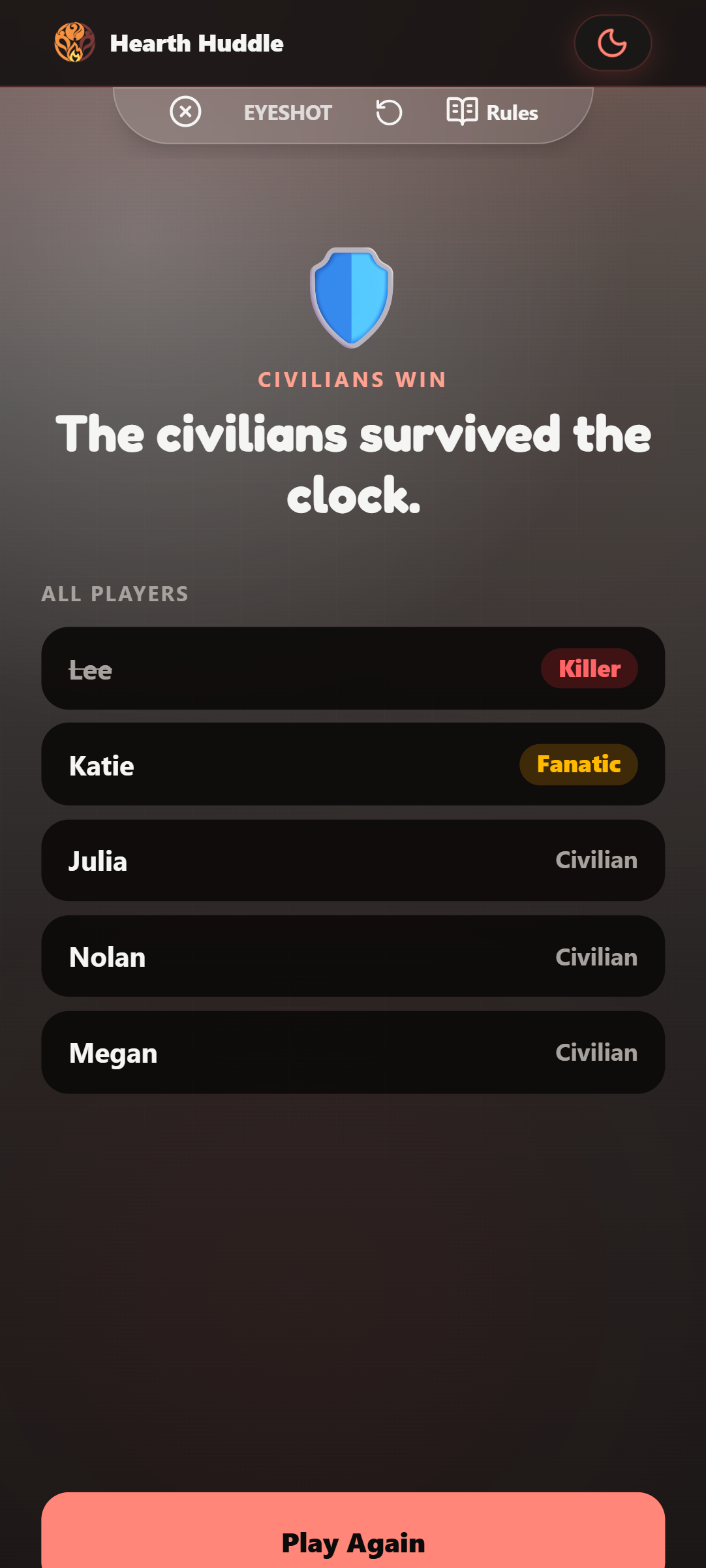 Game Over with Roles Revealed Screen