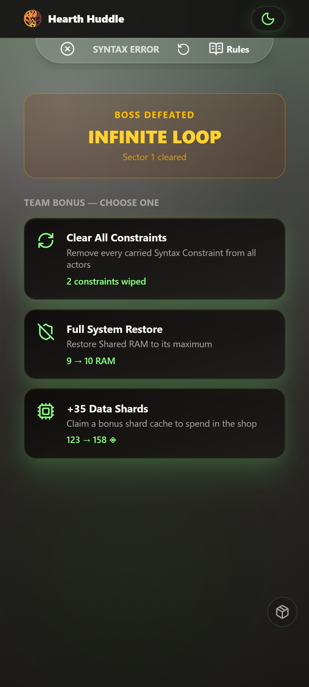 Boss Team Rewards Screen
