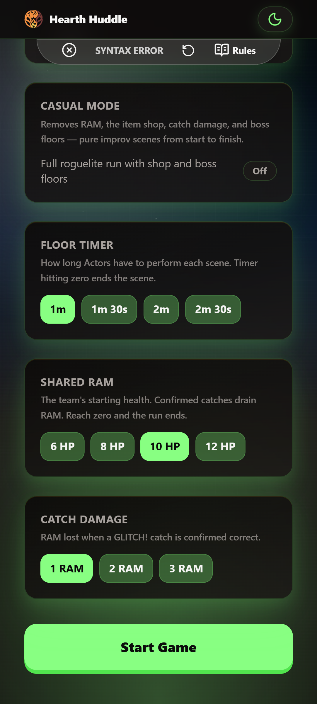 Lobby Screen - Settings