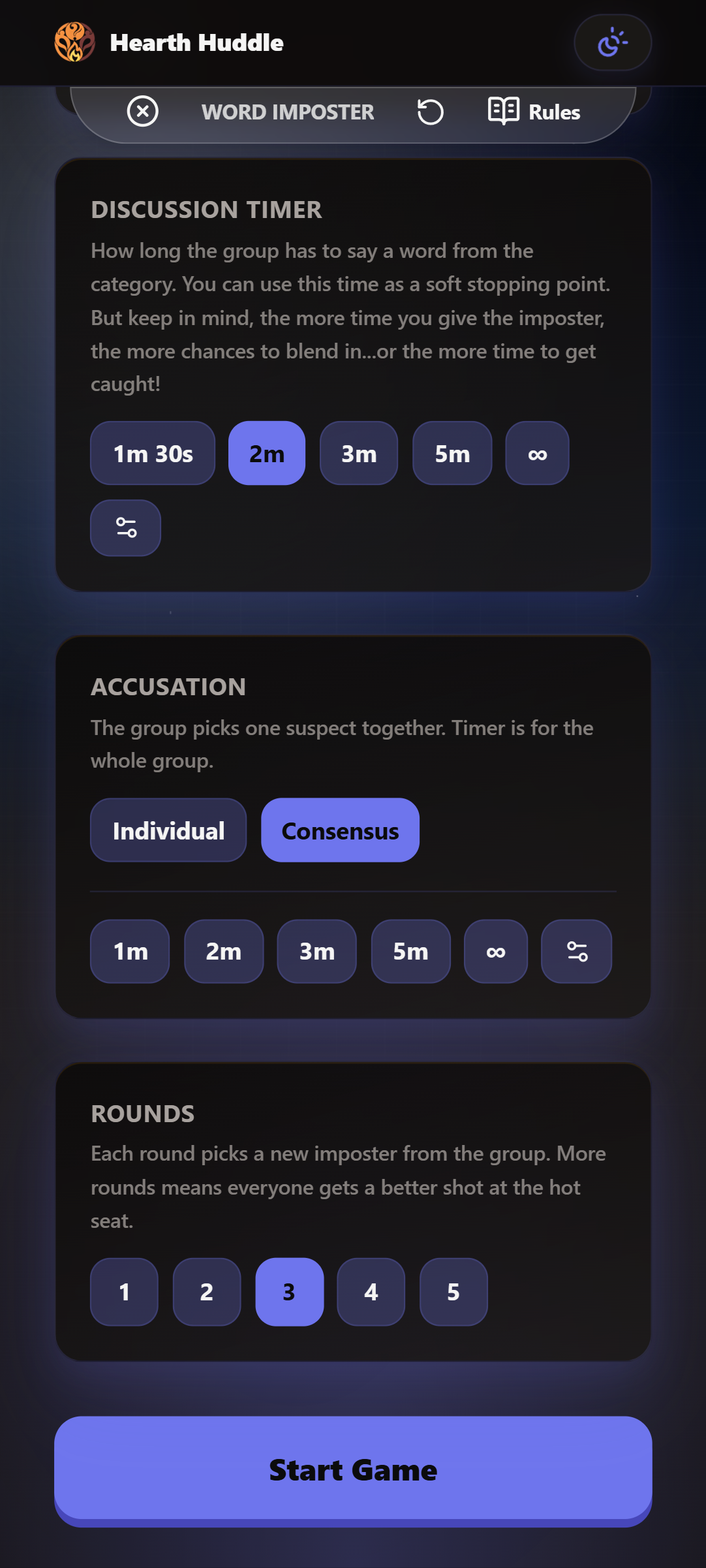 Lobby Screen - Accusation Settings