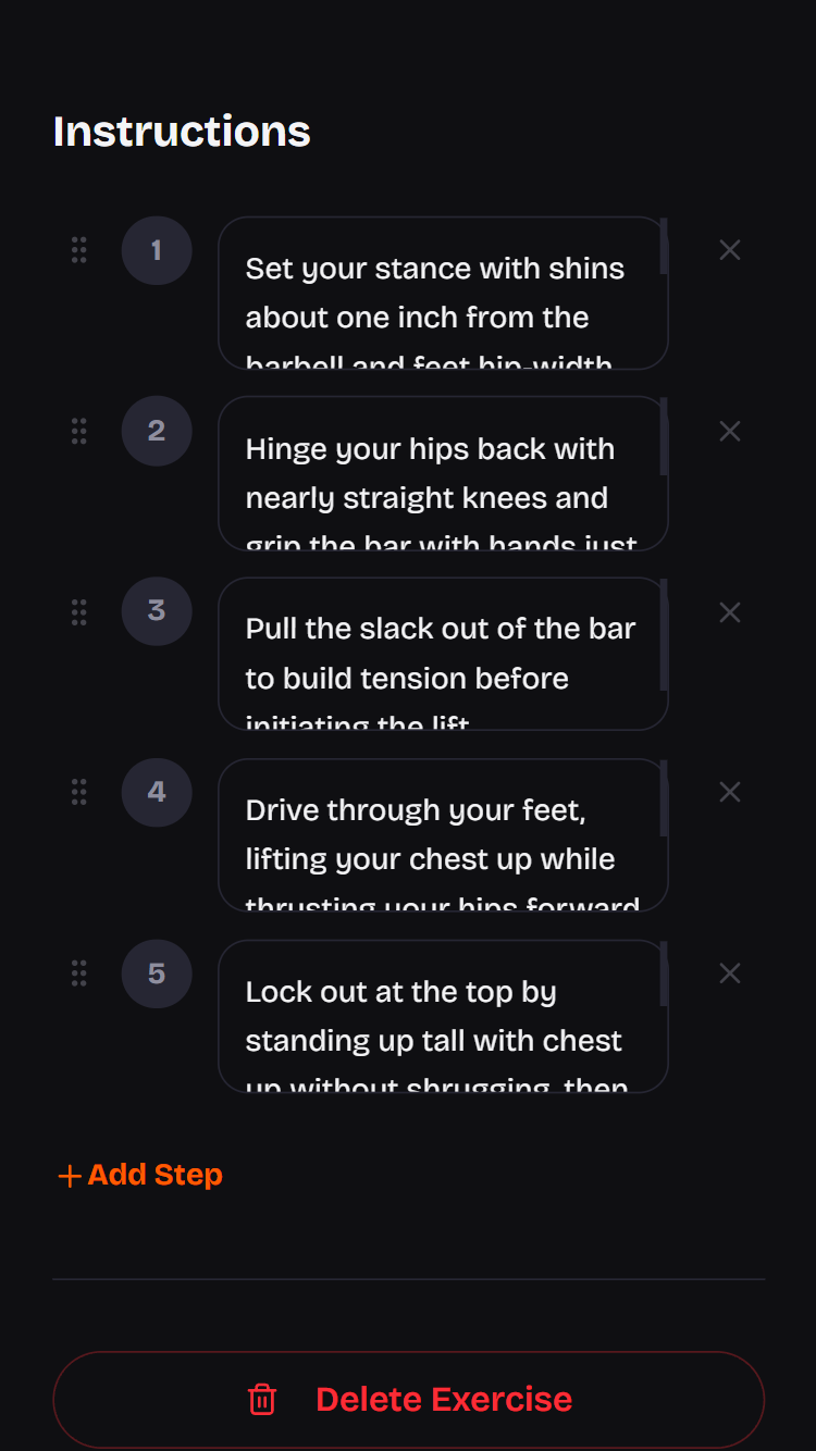Excercise Card - Edit Steps